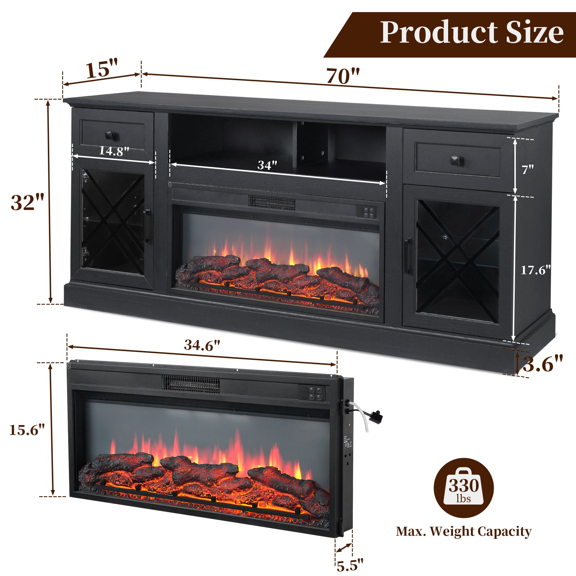 FIAKOA 70” Fireplace TV Stand for 80" TVs,Fireplace Entertainment Center with LED Lights,TV Console with 34" Electric Fireplace for Living Room