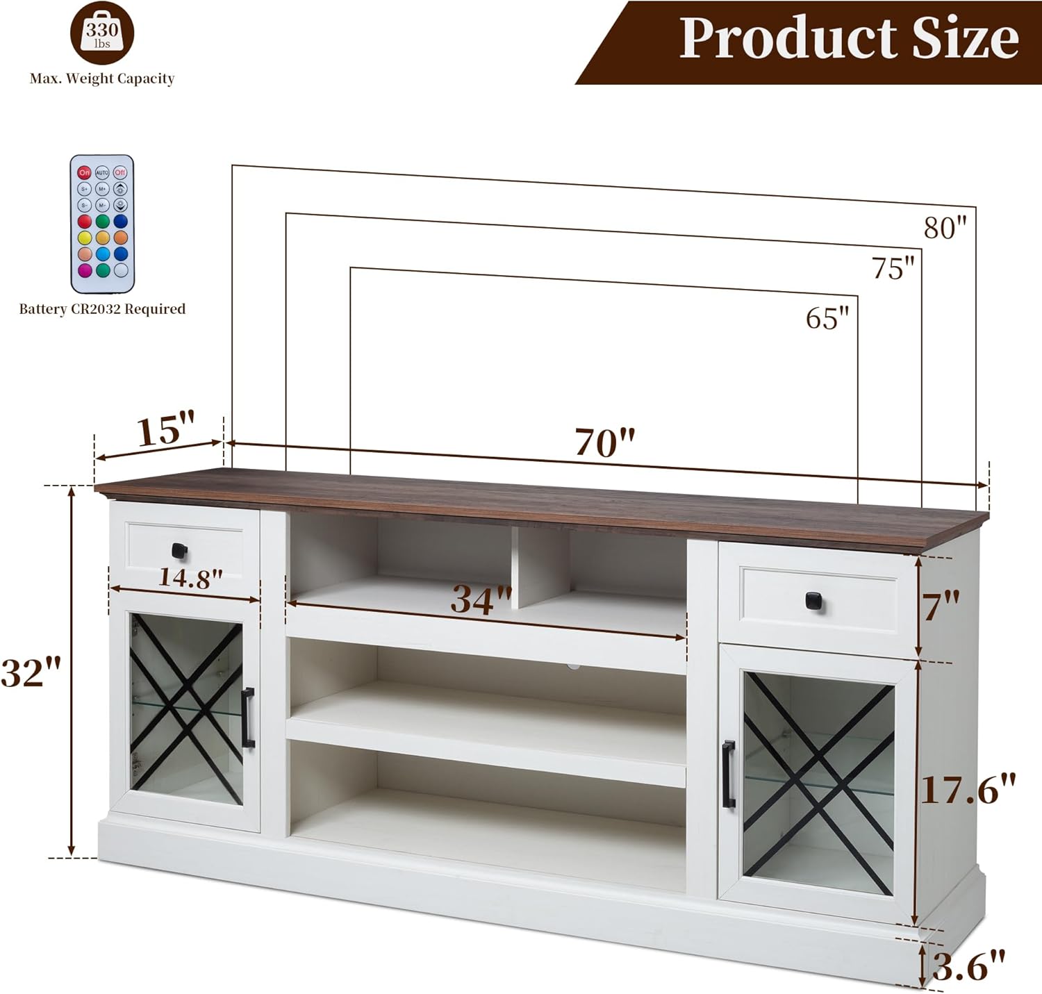FIAKOA 70 inch Farmhouse TV Stand Table for 75 80 inch TV, Modern Entertainment Center with LED Lights and Glass Doors, Wooden White TV Stands for Living Room