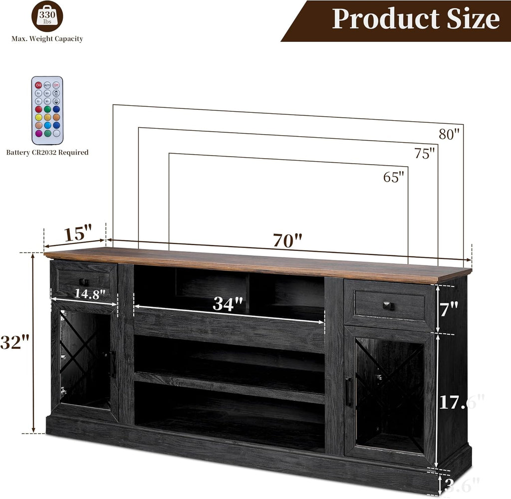 FIAKOA 70 inch Farmhouse TV Stand for 80 inch TV, Modern Entertainment Center with LED Lights, Wooden TV Stand Table with Glass Doors for Living Room (Dark Grey)