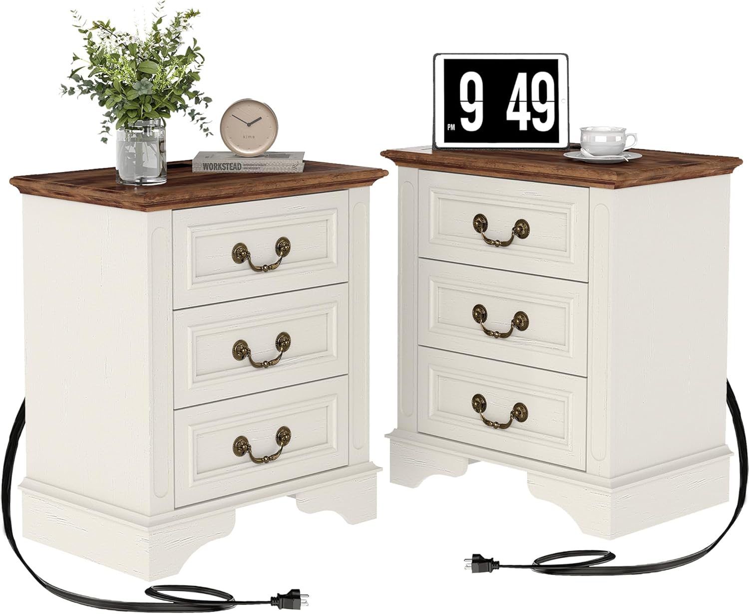 FIAKOA Farmhouse 3 Drawer Nightstand set of 2 for Bedroom, Rustic Bedside Table for Livingroom, White