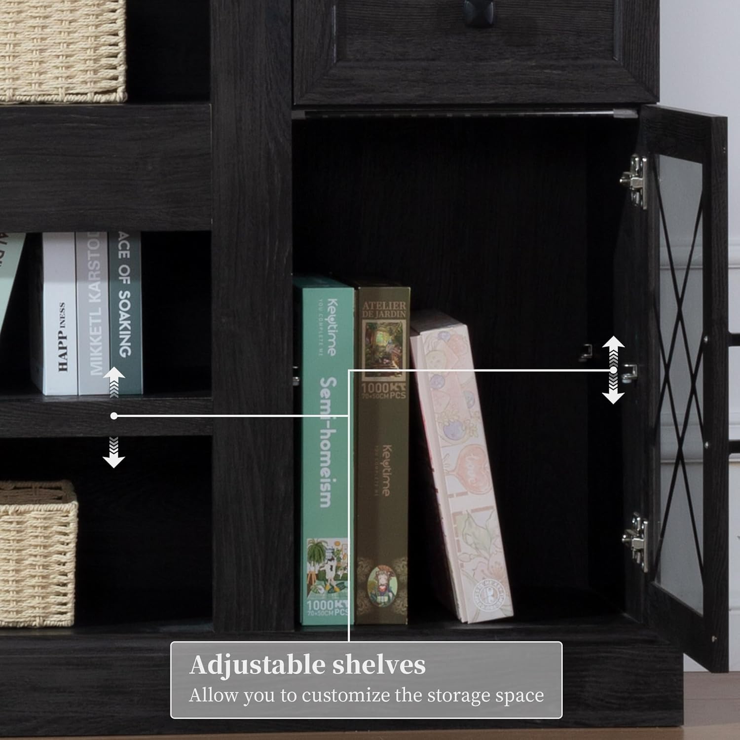 FIAKOA 70 inch Farmhouse TV Stand for 80 inch TV, Modern Entertainment Center with LED Lights, Wooden TV Stand Table with Glass Doors for Living Room (Dark Grey)