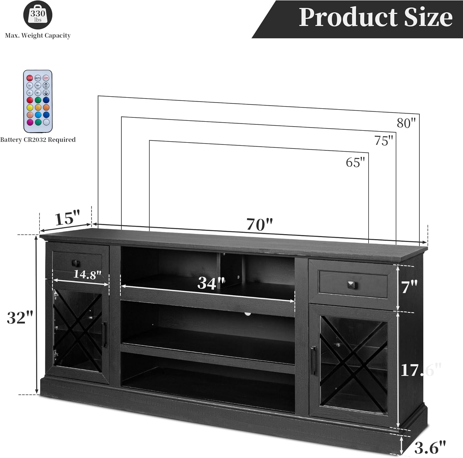 FIAKOA 70 inch Farmhouse TV Stand for 80 inch TV, Modern Entertainment Center with LED Lights, Wooden TV Stand Table with Glass Doors for Living Room (Black)