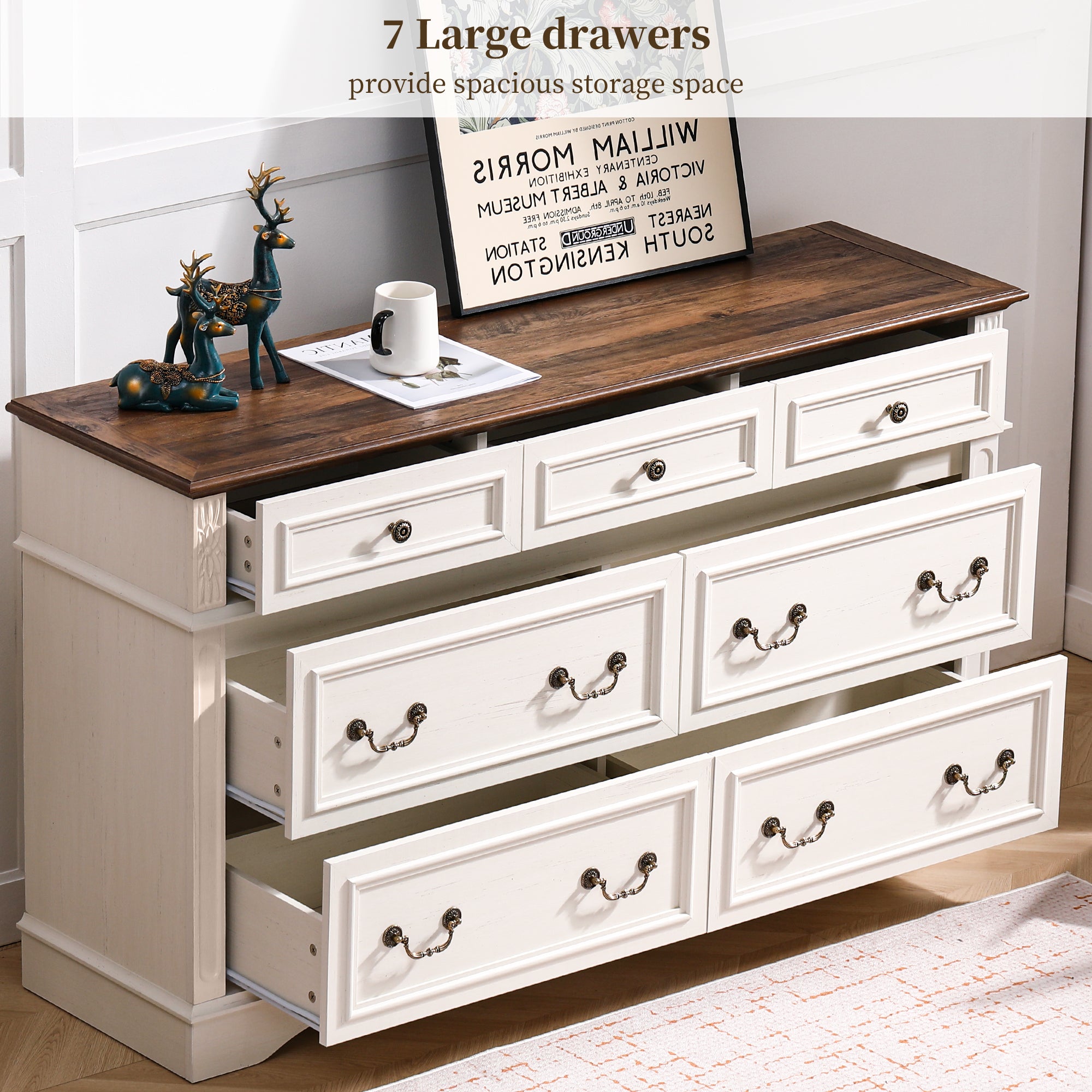 FIAKOA 7 Drawer Dresser for Bedroom, 55” W. Wood Farmhouse Tall Storage Chest of Drawers for Livingroom, White