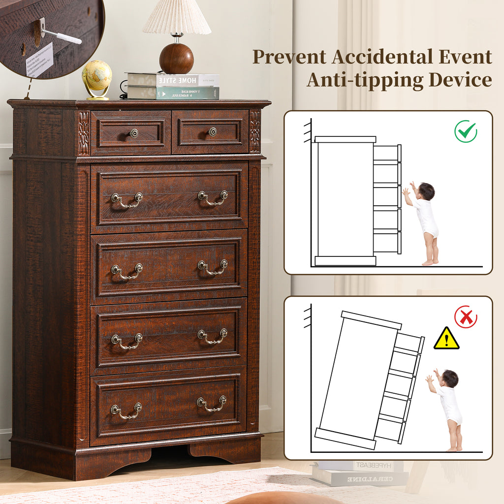 FIAKOA 48” Tall 6 Drawer Dresser for Bedroom, Farmhouse Storage Chest of Drawers for Livingroom, Walnut Brown