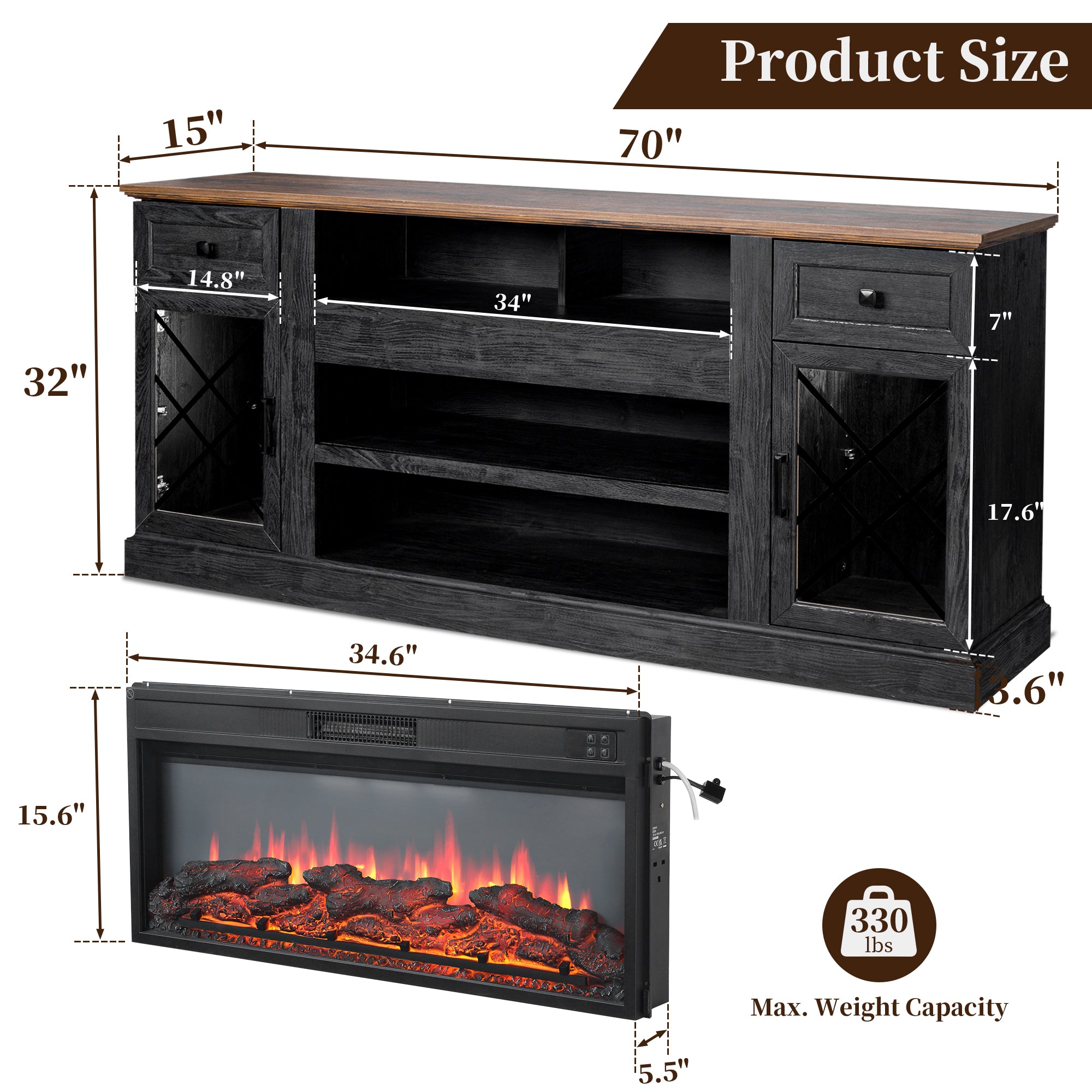 FIAKOA 70” Fireplace TV Stand for 80" TVs,Fireplace Entertainment Center with LED Lights,TV Console with 34" Electric Fireplace for Living Room,Black Brown