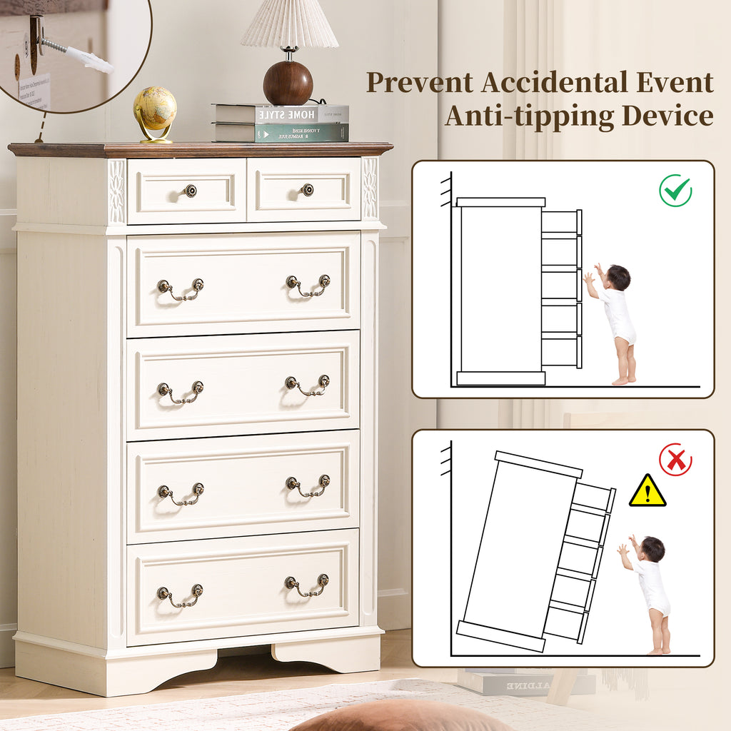 FIAKOA 48” Tall 6 Drawer Dresser for Bedroom, Farmhouse Storage Chest of Drawers for Livingroom, White