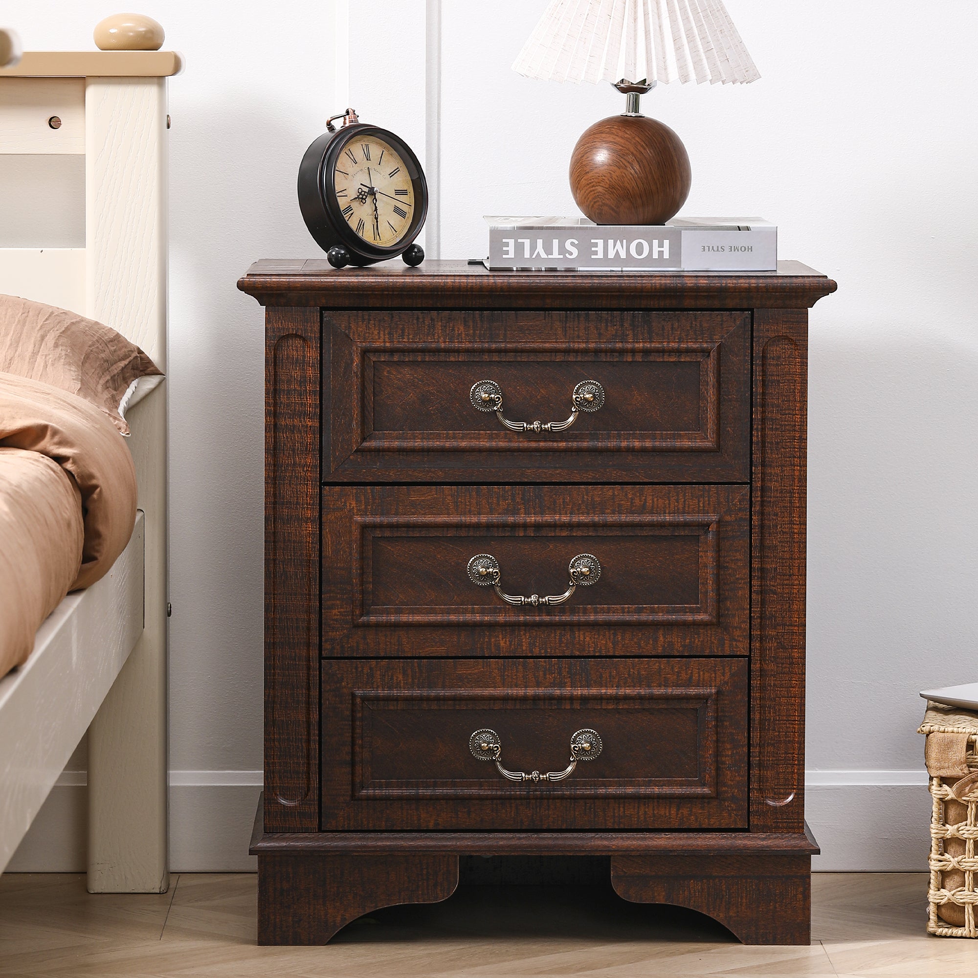 FIAKOA Farmhouse 3 Drawer Nightstand with Charging Station for Bedroom, Rustic Bedside Table for Livingroom, Walnut Brown