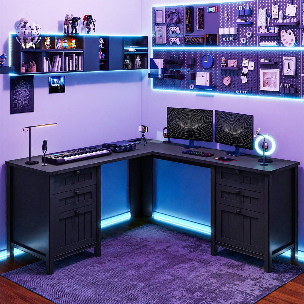 Fiakoa Farmhouse L Shaped Desk with Drawers, 53.8" x 57" Office Computer Desk with File Cabinets, Rustic Corner Executive Desk with with Charging Station, Black