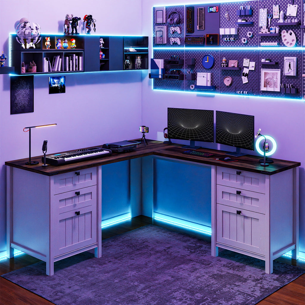 Fiakoa Farmhouse L Shaped Desk with Drawers, 53.8" x 57" Office Computer Desk with File Cabinets, Rustic Corner Executive Desk with with Charging Station, White