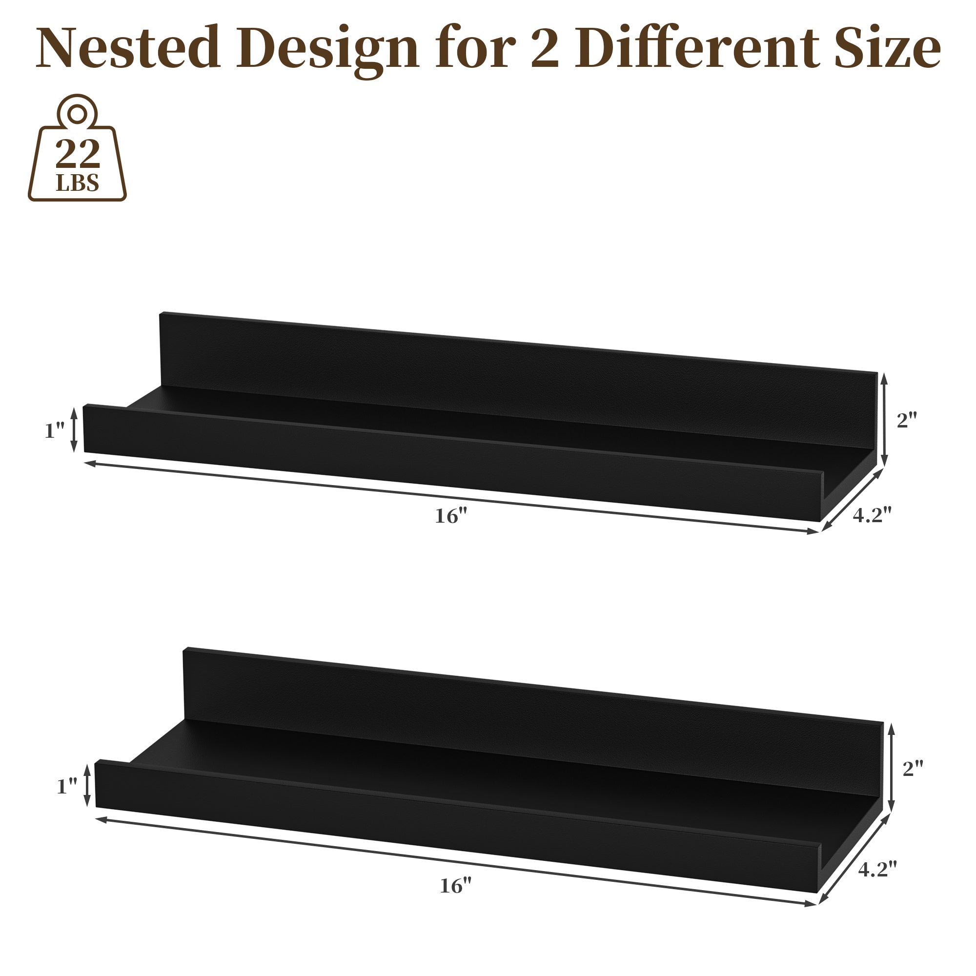 LOMANTOWN 16" Wall Shelves for Bedroom Decor, Set of 2 Floating Shelves for Wall Storage, Rustic Wood Display Mounted Corner Shelves for Books, Plants, Kitchen, Bathroom, Living Room