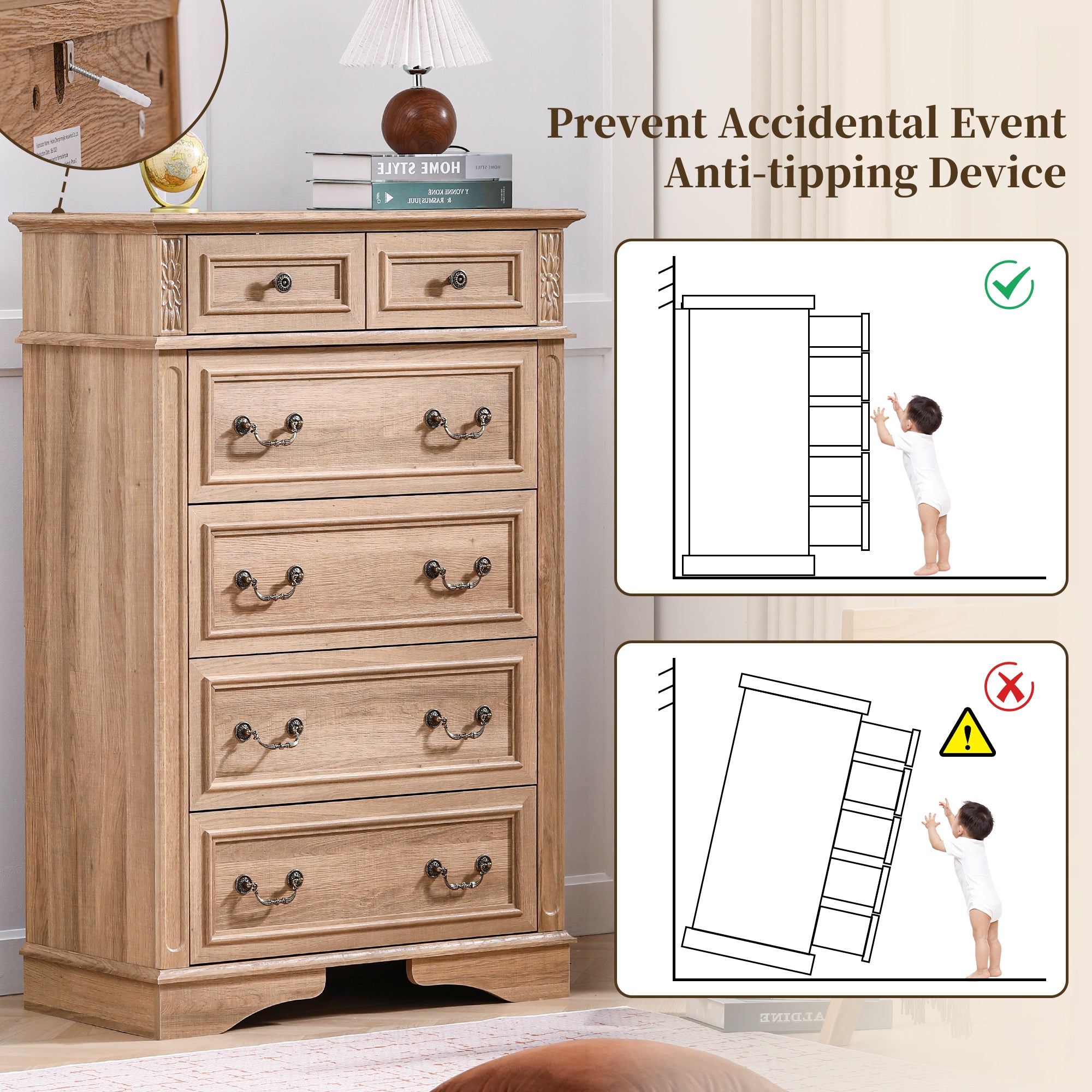 FIAKOA 48” Tall 6 Drawer Dresser for Bedroom, Farmhouse Storage Chest of Drawers for Livingroom, Oak