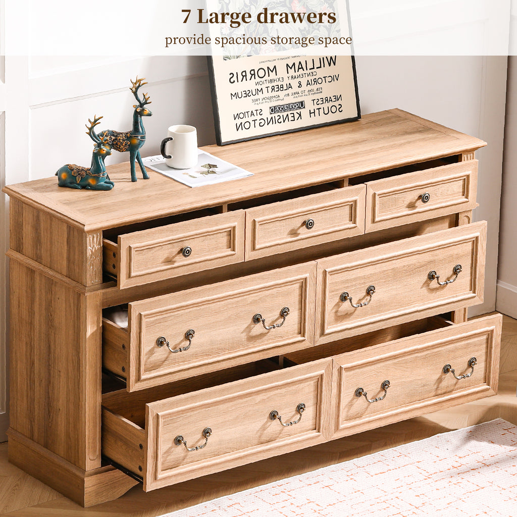 FIAKOA 7 Drawer Dresser for Bedroom, 55” W. Wood Farmhouse Tall Storage Chest of Drawers for Livingroom, Oak