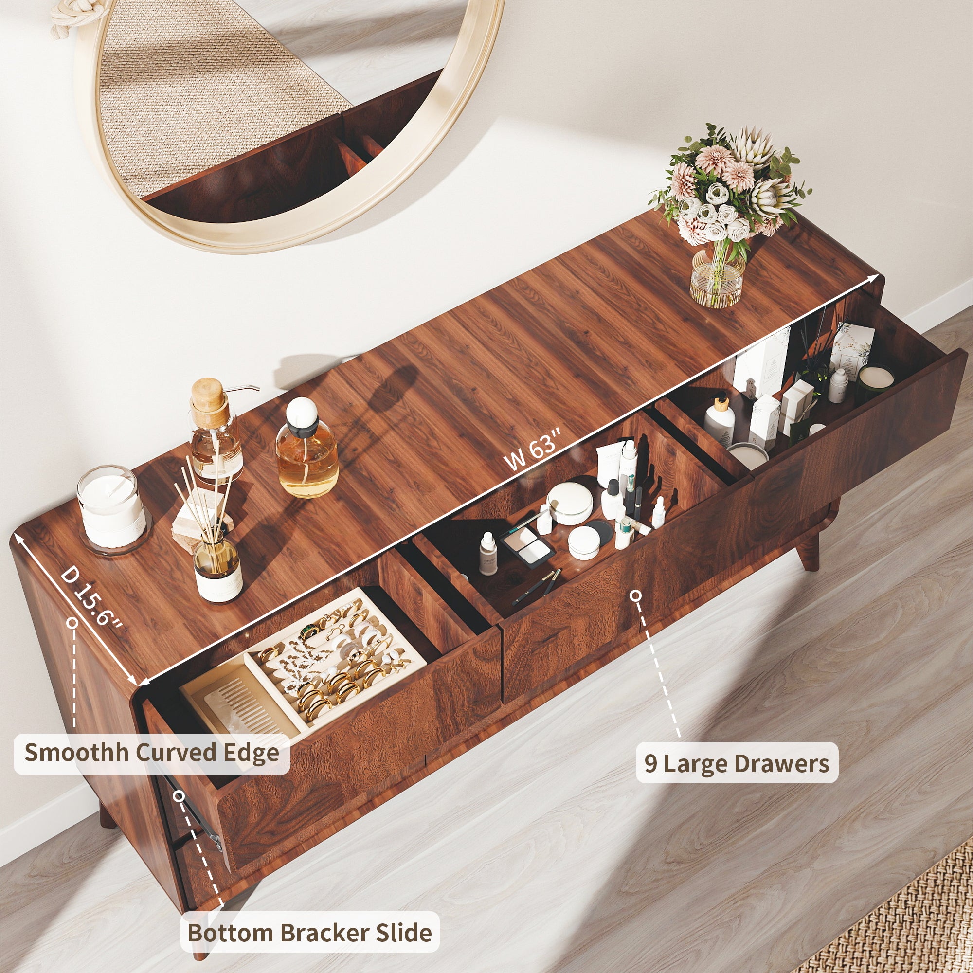 FIAKOA 9 Drawer Dresser for Bedroom, 63” W. Wood Farmhouse Tall Storage Chest of Drawers for Livingroom, Walnut Brown