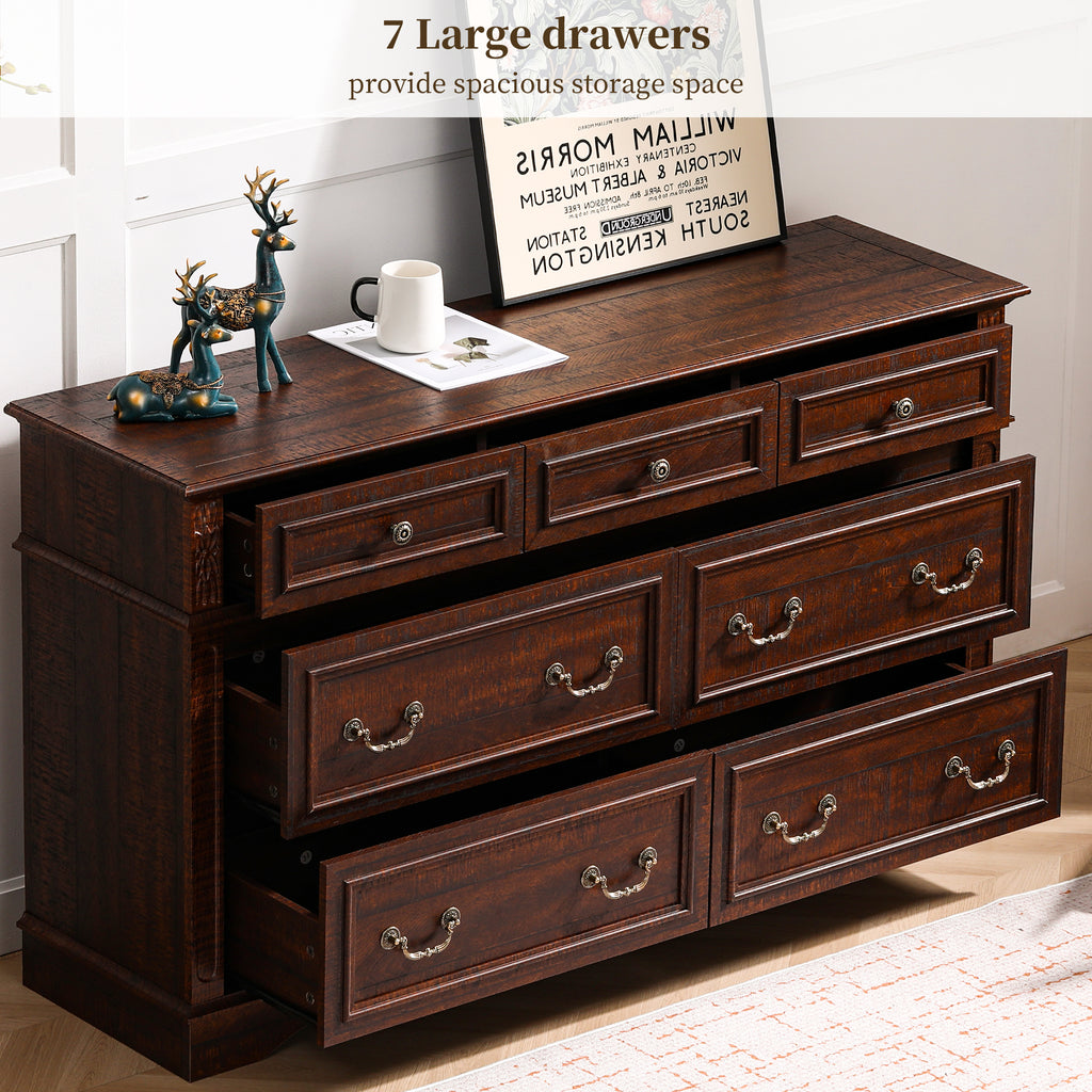 FIAKOA 7 Drawer Dresser for Bedroom, 55” W. Wood Farmhouse Tall Storage Chest of Drawers for Livingroom, Walnut Brown