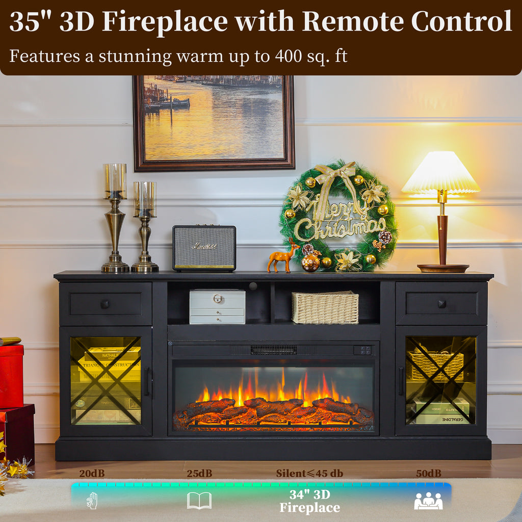 FIAKOA 70” Fireplace TV Stand for 80" TVs,Fireplace Entertainment Center with LED Lights,TV Console with 34" Electric Fireplace for Living Room
