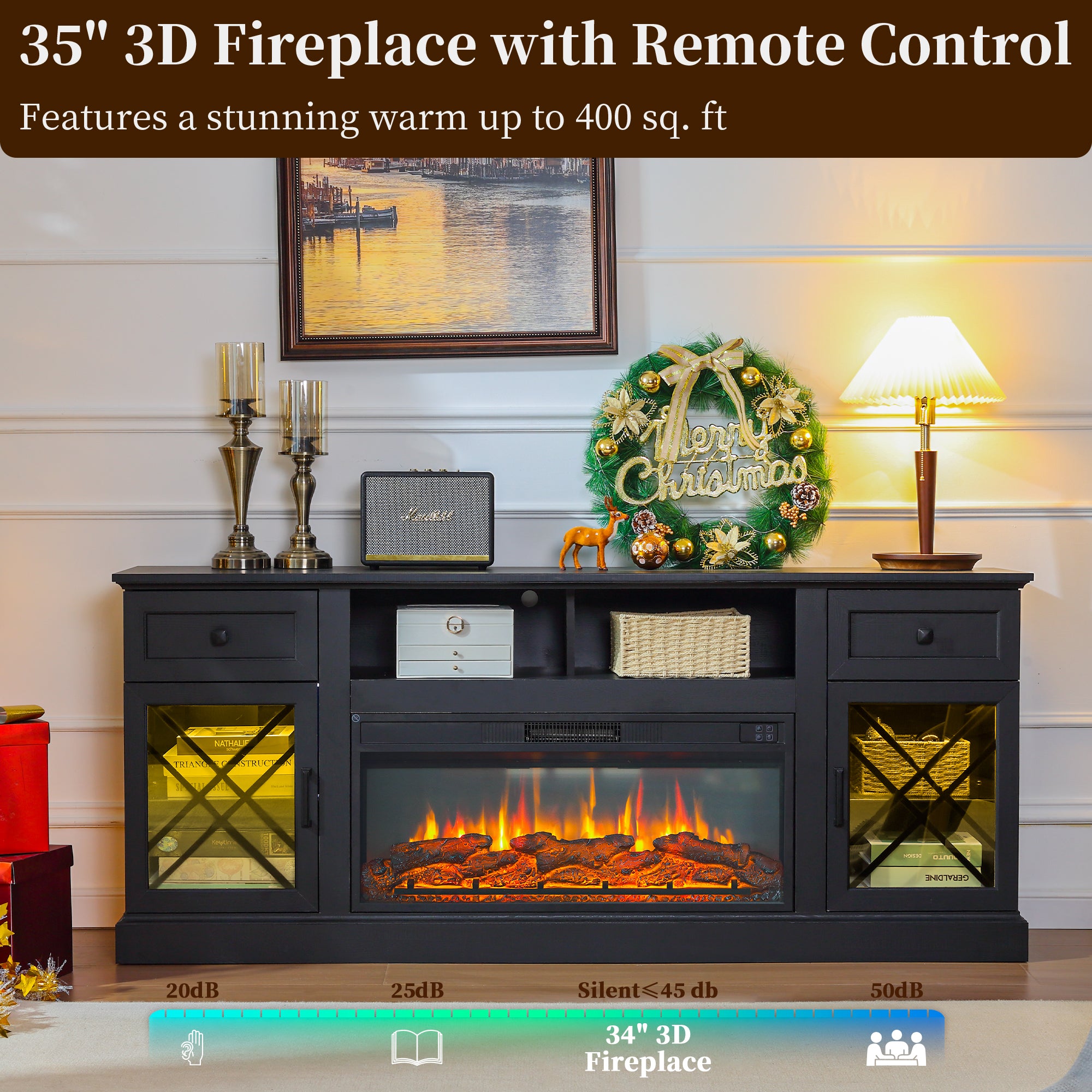 FIAKOA 70” Fireplace TV Stand for 80" TVs,Fireplace Entertainment Center with LED Lights,TV Console with 34" Electric Fireplace for Living Room