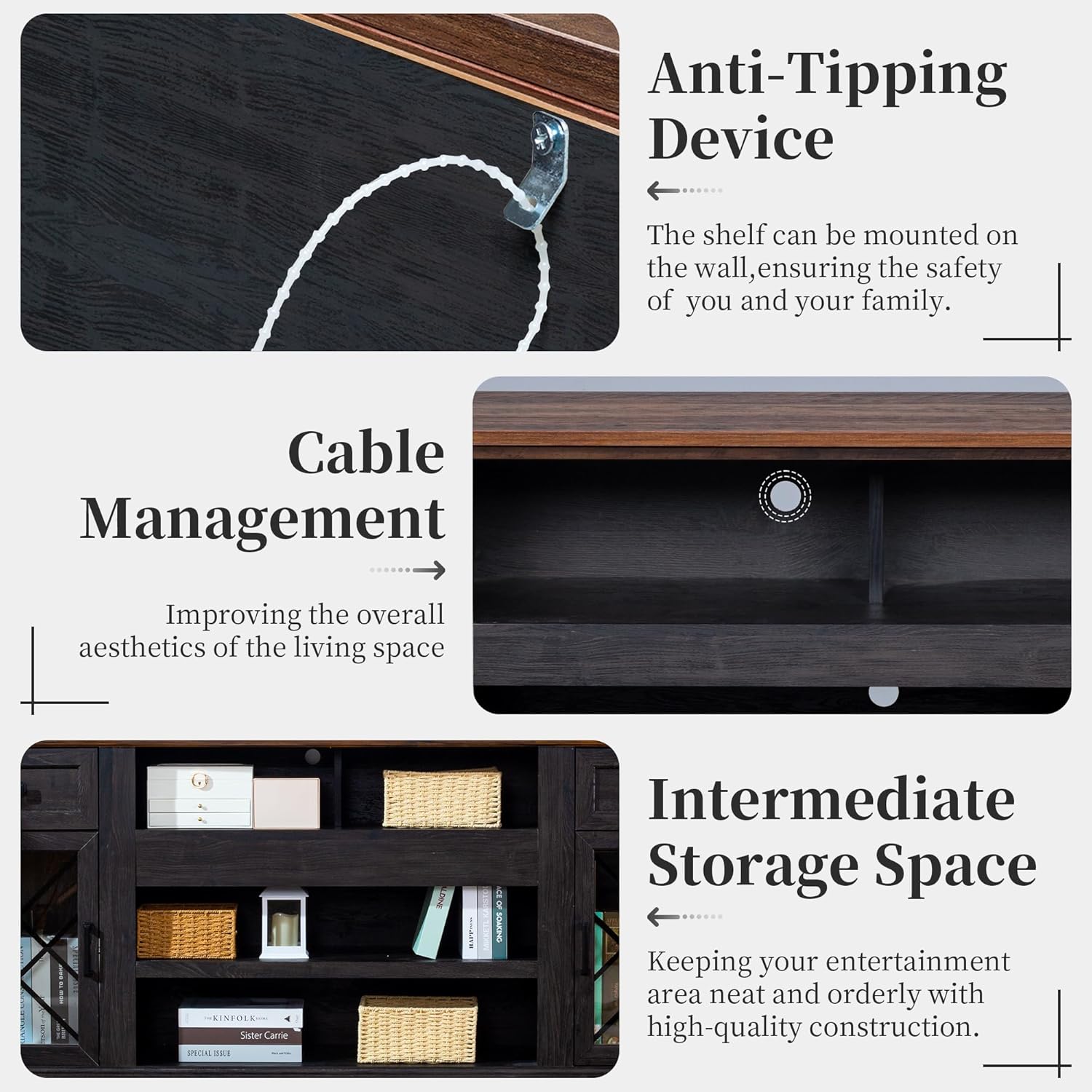 FIAKOA 70 inch Farmhouse TV Stand for 80 inch TV, Modern Entertainment Center with LED Lights, Wooden TV Stand Table with Glass Doors for Living Room (Dark Grey)