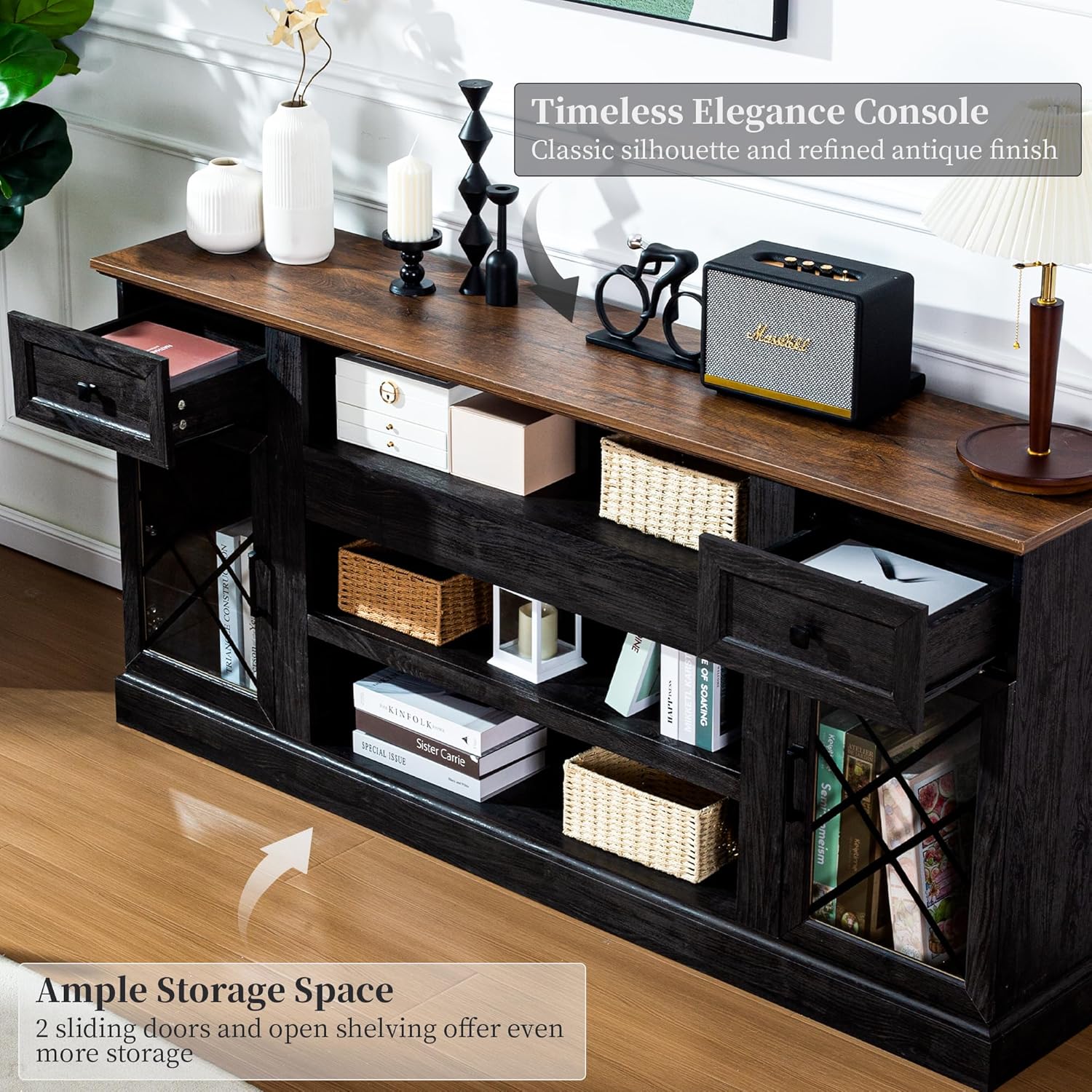 FIAKOA 70 inch Farmhouse TV Stand for 80 inch TV, Modern Entertainment Center with LED Lights, Wooden TV Stand Table with Glass Doors for Living Room (Dark Grey)