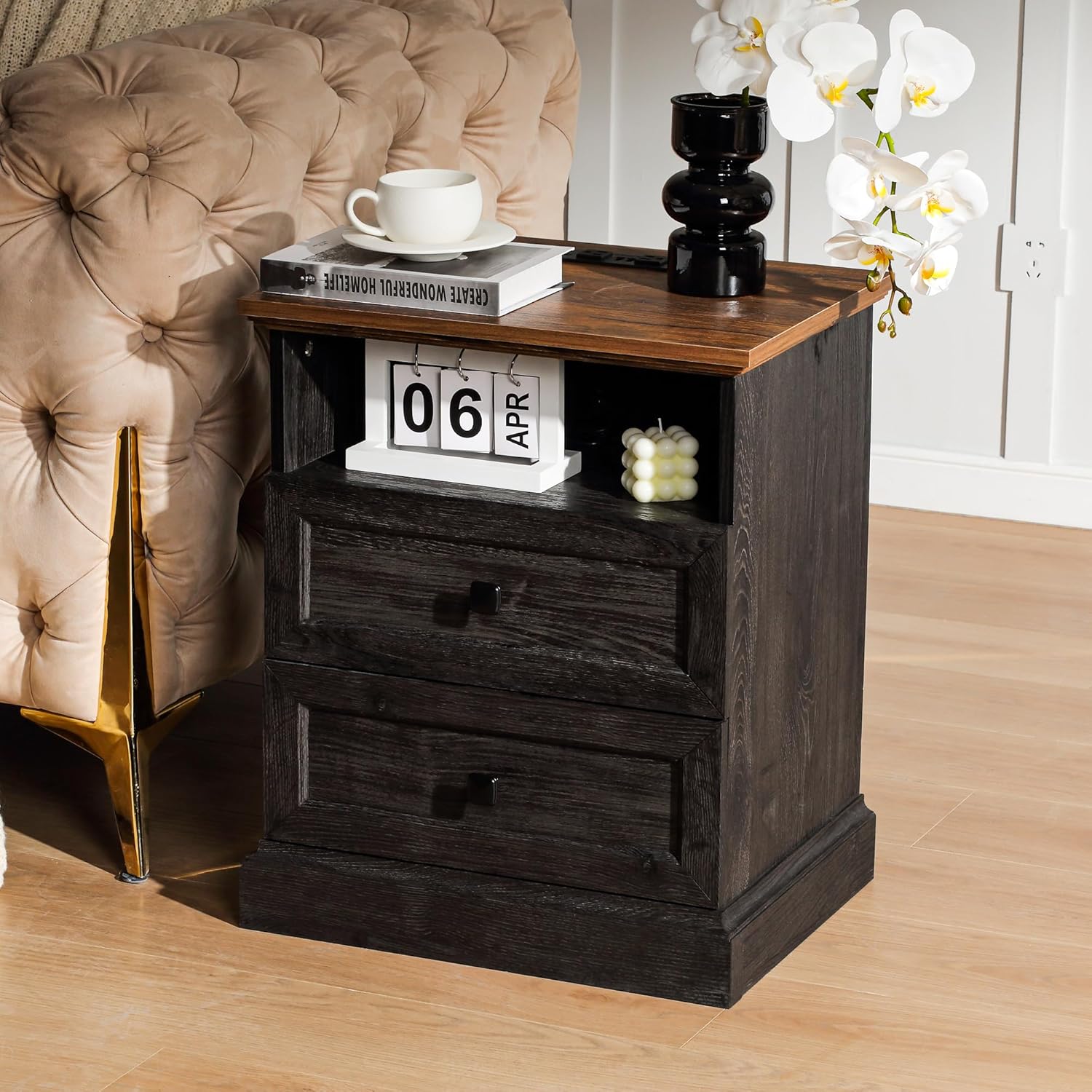 FIAKOA Night Stand Set of 2 with Charging Station,Bedside Table with 2 Drawers Storage and Open Shelf,Nightstand with Outlets, Modern Wood End Table for Bedroom Office, Espresso