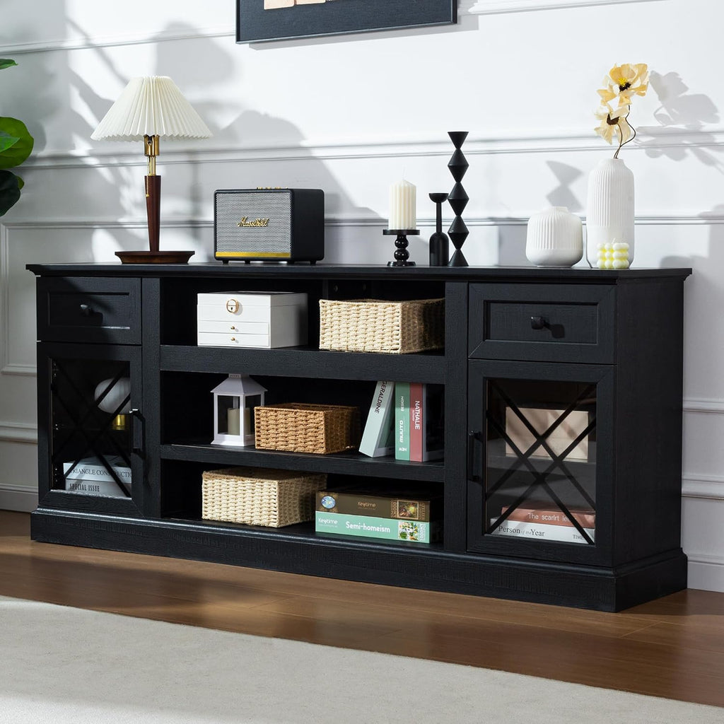 FIAKOA 70 inch Farmhouse TV Stand for 80 inch TV, Modern Entertainment Center with LED Lights, Wooden TV Stand Table with Glass Doors for Living Room (Black)