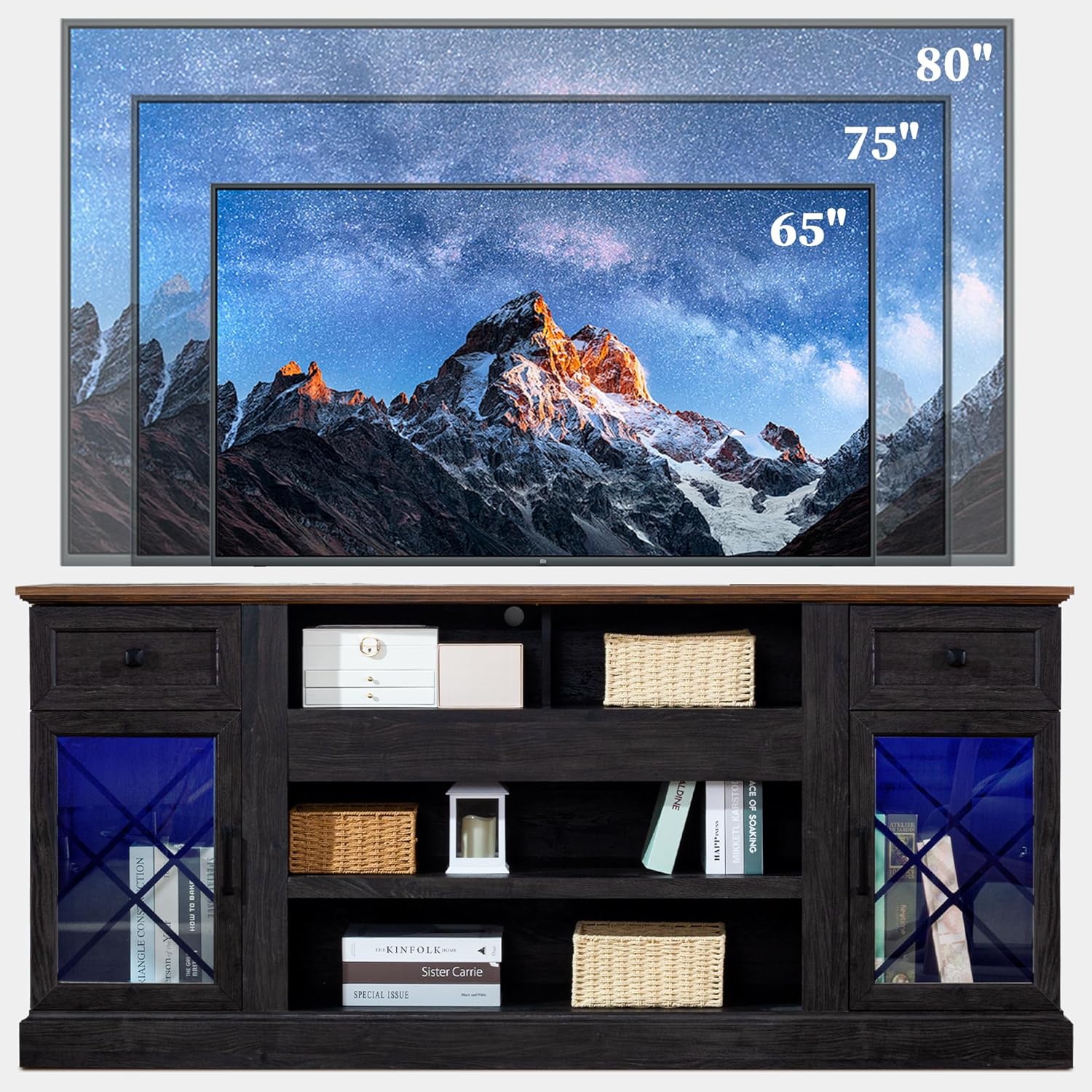FIAKOA 70 inch Farmhouse TV Stand for 80 inch TV, Modern Entertainment Center with LED Lights, Wooden TV Stand Table with Glass Doors for Living Room (Dark Grey)