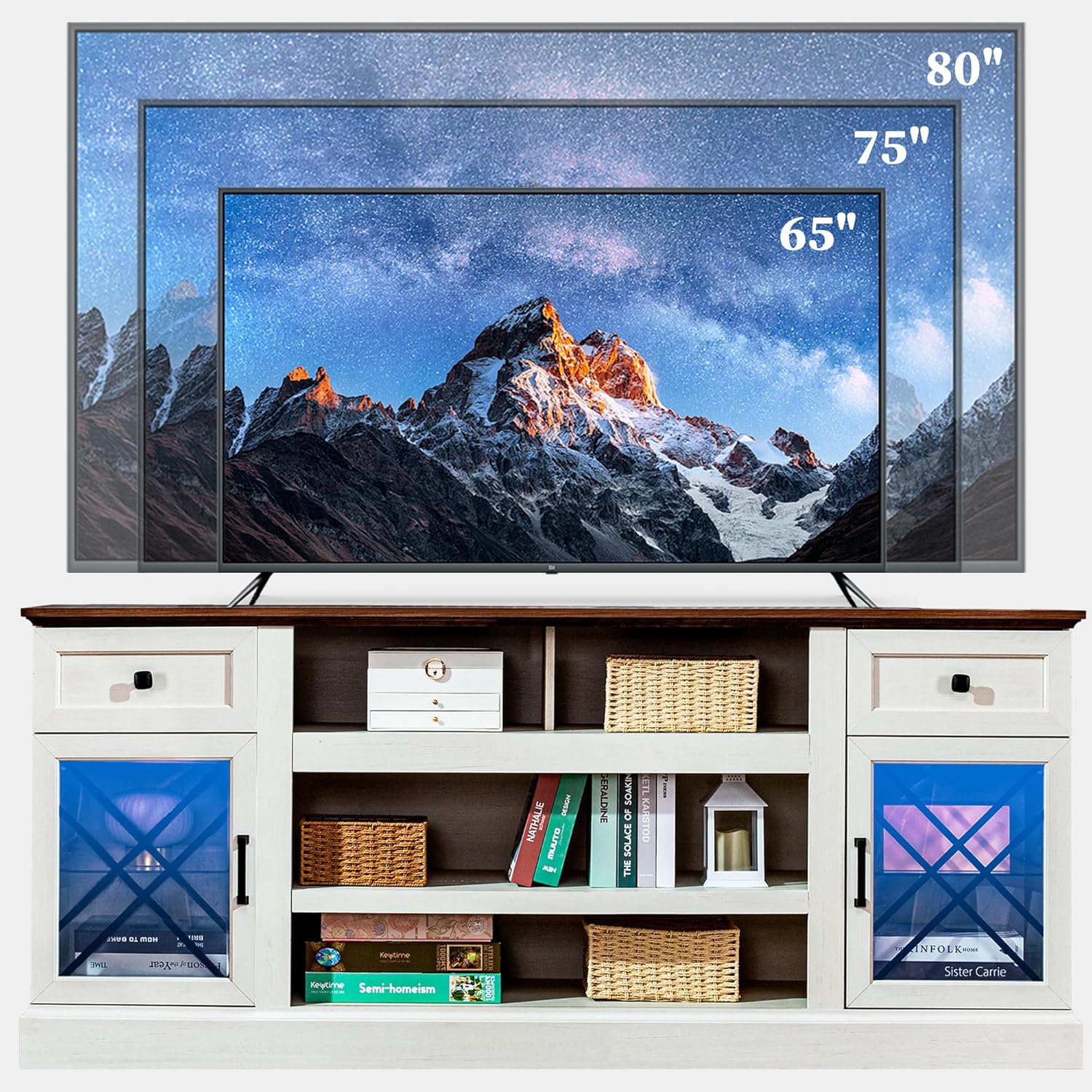 FIAKOA 70 inch Farmhouse TV Stand Table for 75 80 inch TV, Modern Entertainment Center with LED Lights and Glass Doors, Wooden White TV Stands for Living Room