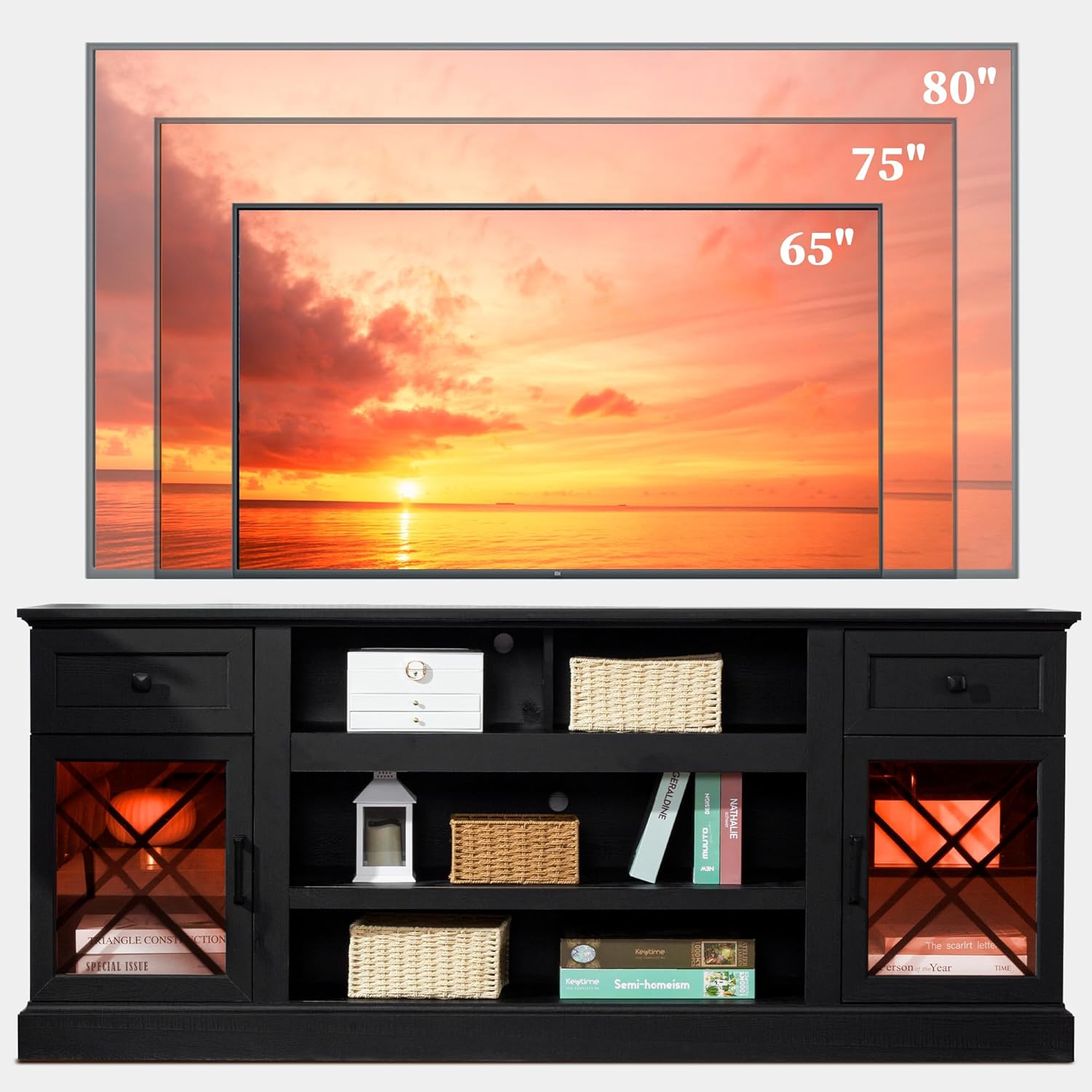 FIAKOA 70 inch Farmhouse TV Stand for 80 inch TV, Modern Entertainment Center with LED Lights, Wooden TV Stand Table with Glass Doors for Living Room (Black)