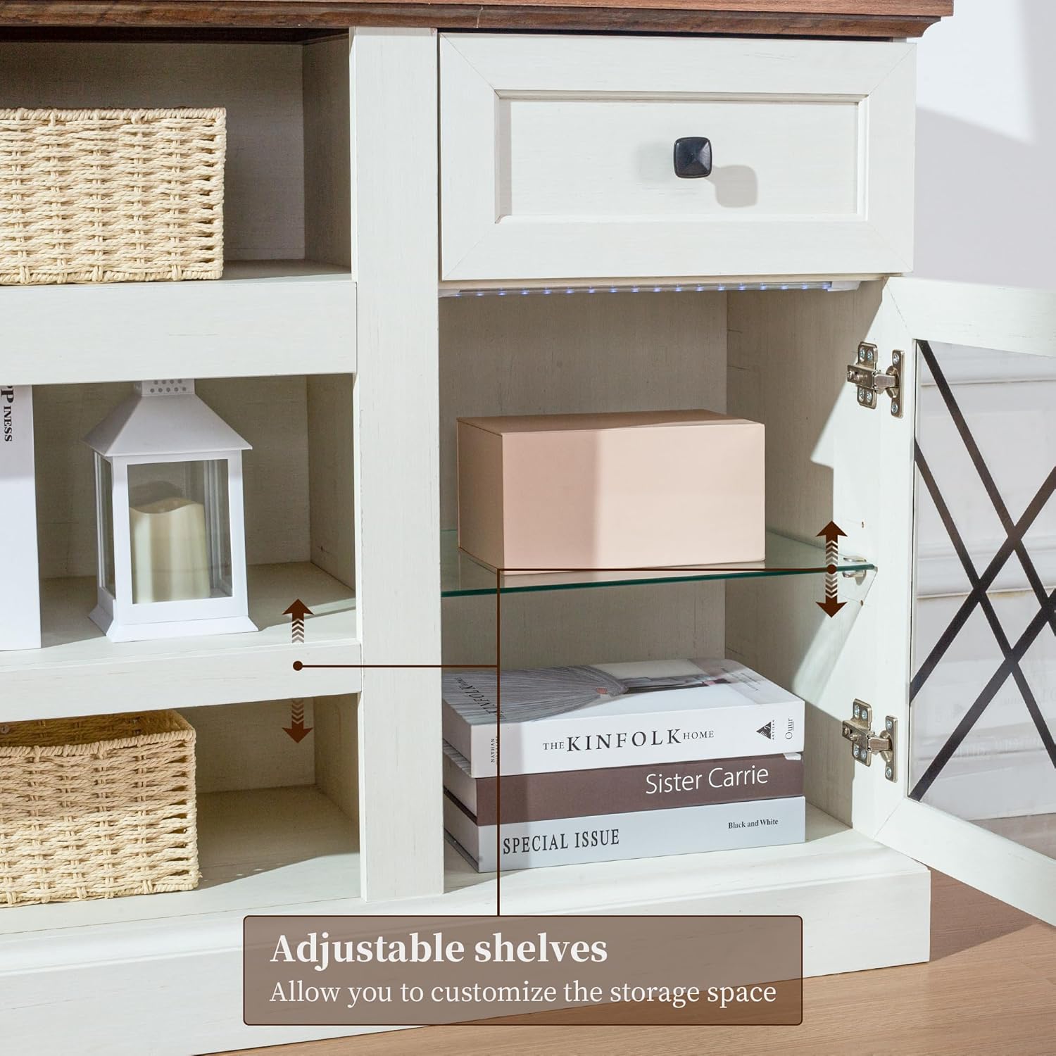 FIAKOA 70 inch Farmhouse TV Stand Table for 75 80 inch TV, Modern Entertainment Center with LED Lights and Glass Doors, Wooden White TV Stands for Living Room