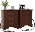 FIAKOA Farmhouse 3 Drawer Nightstand set of 2 for Bedroom, Rustic Bedside Table for Livingroom, Walnut Brown