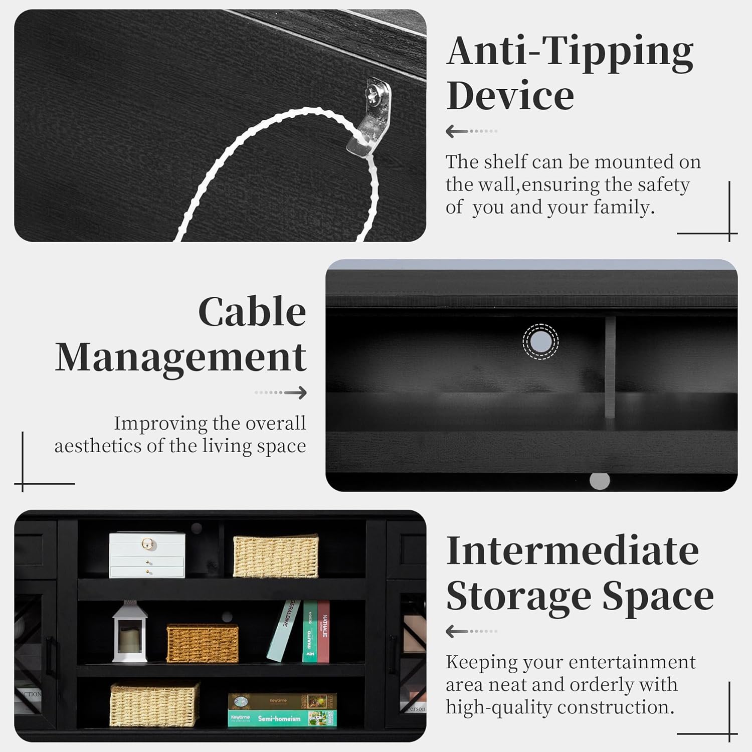 FIAKOA 70 inch Farmhouse TV Stand for 80 inch TV, Modern Entertainment Center with LED Lights, Wooden TV Stand Table with Glass Doors for Living Room (Black)