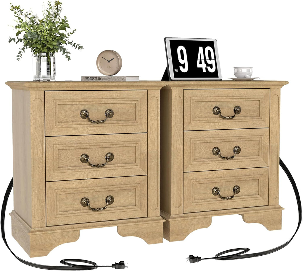 FIAKOA Farmhouse 3 Drawer Nightstand set of 2 for Bedroom, Rustic Bedside Table for Livingroom, Oak