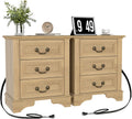 FIAKOA Farmhouse 3 Drawer Nightstand set of 2 for Bedroom, Rustic Bedside Table for Livingroom, Oak