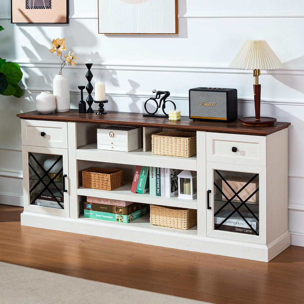 FIAKOA 70 inch Farmhouse TV Stand for 75 inch TV, White Entertainment Center with LED Lights & Power Outlet, Modern Media Console Table for Living Room