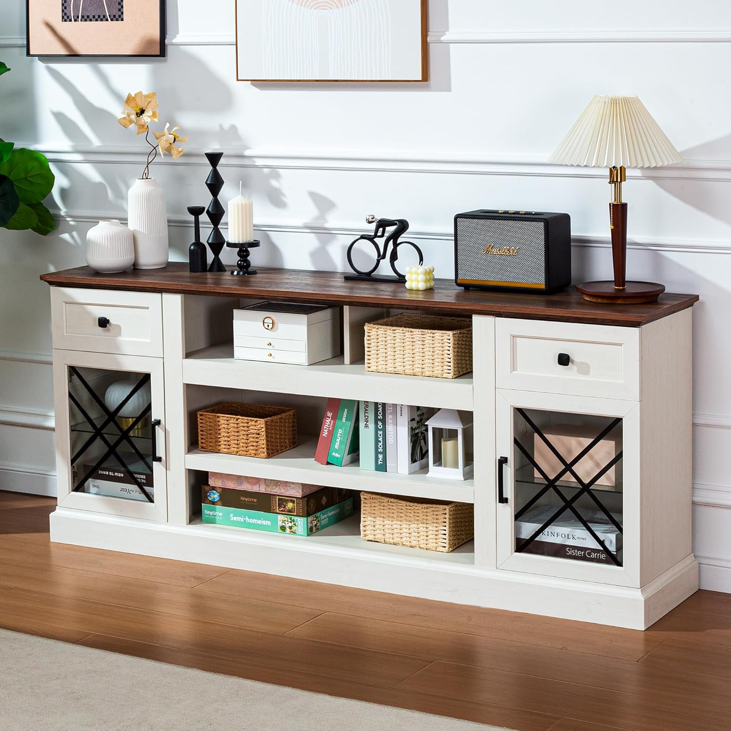 FIAKOA 70 inch Farmhouse TV Stand for 75 inch TV, White Entertainment Center with LED Lights & Power Outlet, Modern Media Console Table for Living Room