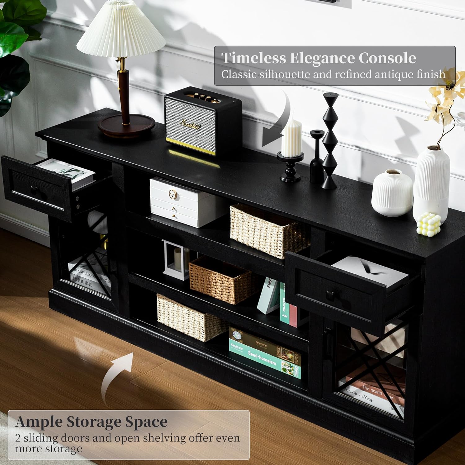 FIAKOA 70 inch Farmhouse TV Stand for 80 inch TV, Modern Entertainment Center with LED Lights, Wooden TV Stand Table with Glass Doors for Living Room (Black)