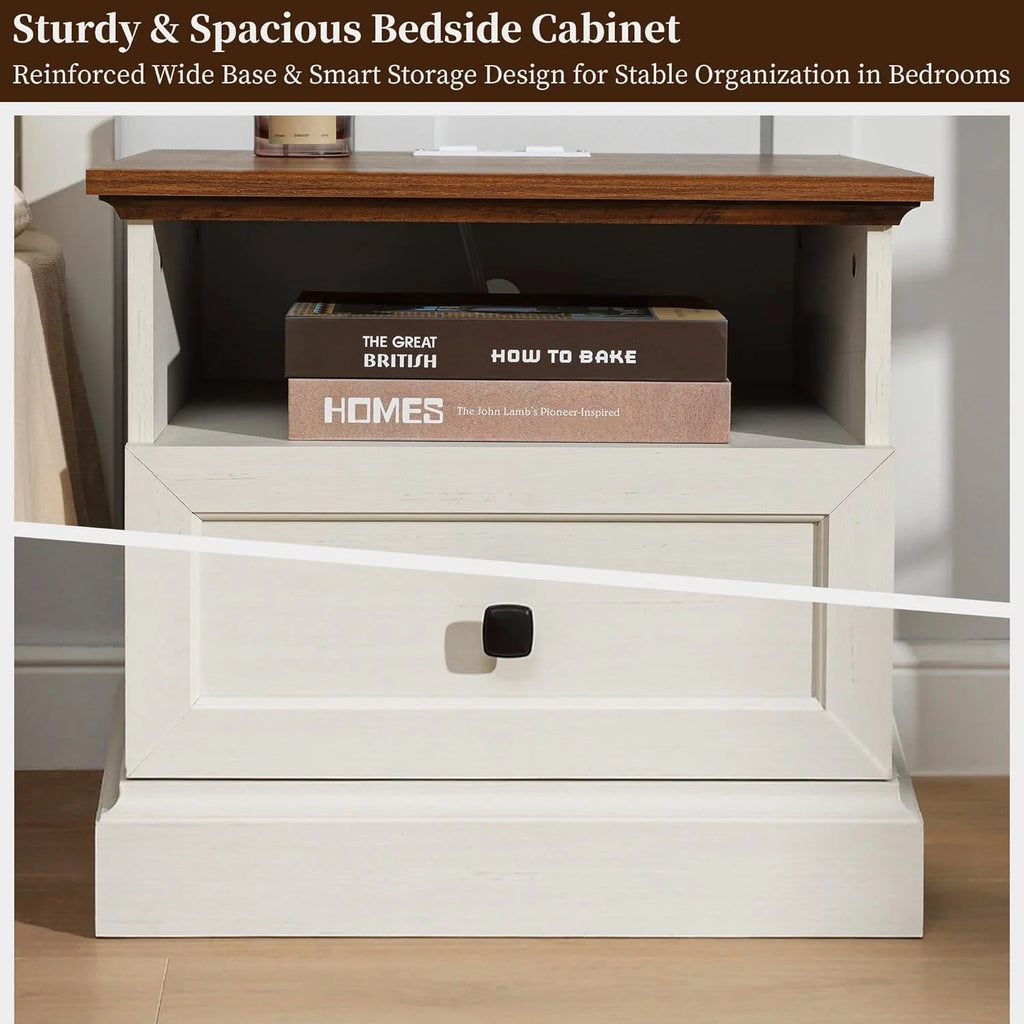 FIAKOA Night Stand with Charging Station, Bedside Table with 2 Drawers Storage and Open Shelf,White Nightstand with Outlets, Modern Wood End Table for Bedroom Office