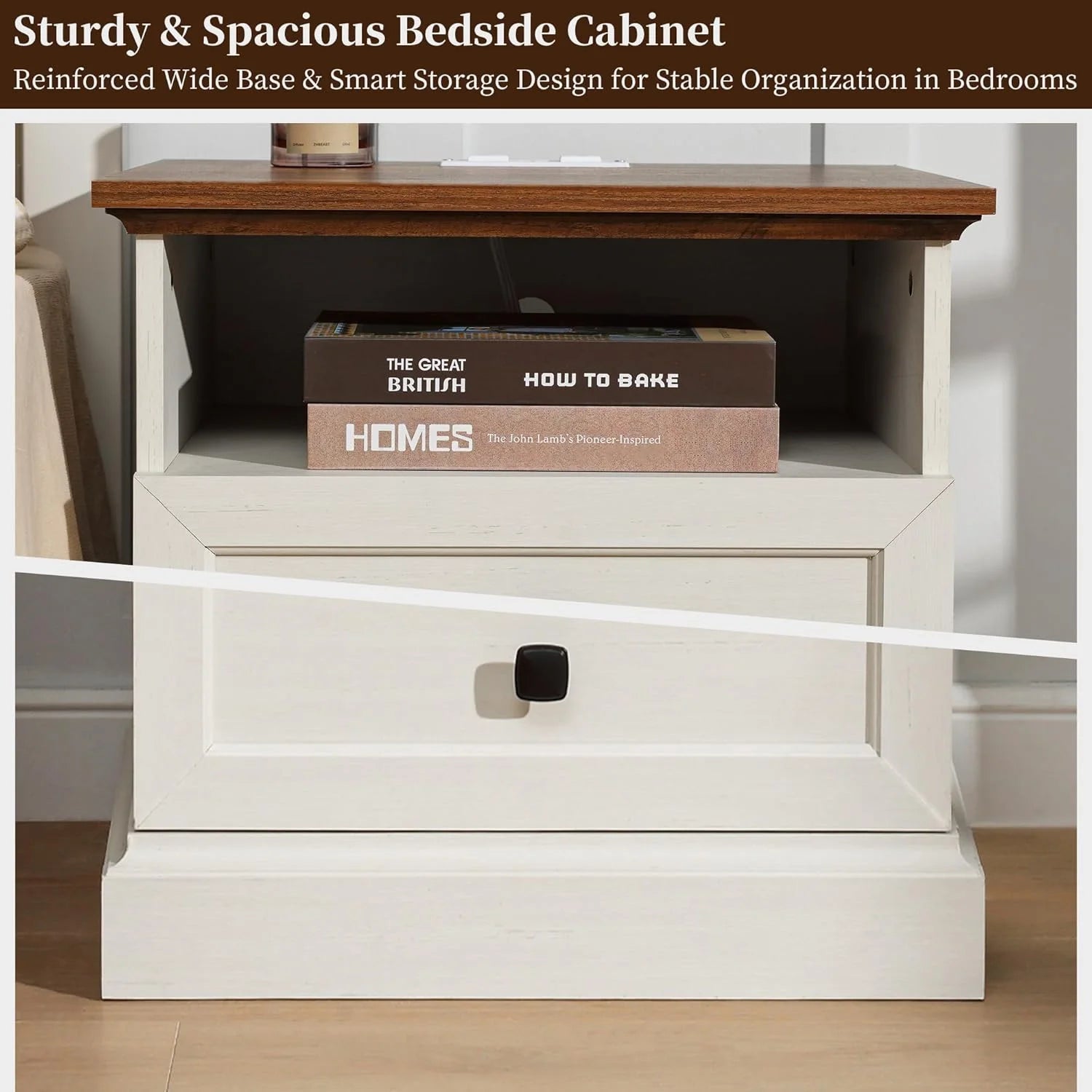 FIAKOA Night Stand with Charging Station, Bedside Table with 2 Drawers Storage and Open Shelf,White Nightstand with Outlets, Modern Wood End Table for Bedroom Office