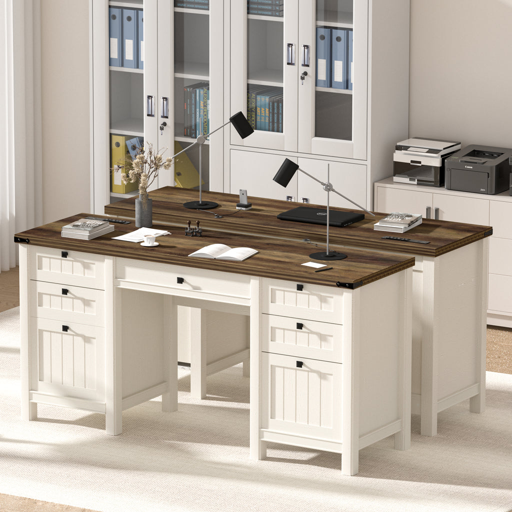 FIAKOA 62"Executive Desk, Modern Farmhouse Computer Desk with Drawers & Cabinet, White Home Office Writing Workspace Desk for Work Study