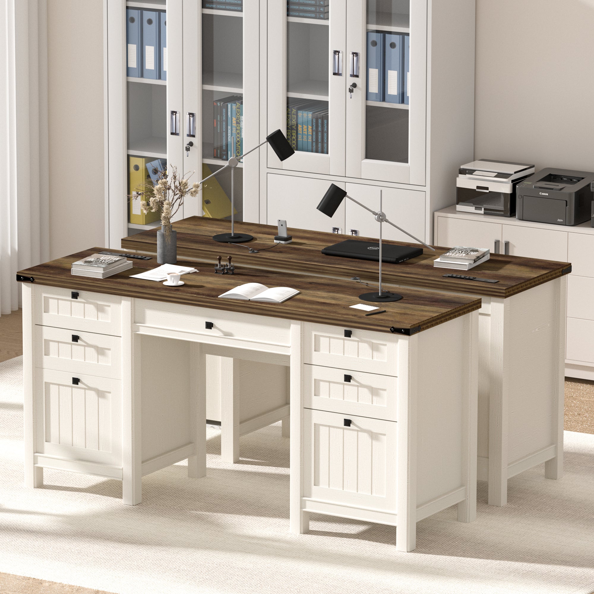 FIAKOA 62"Executive Desk, Modern Farmhouse Computer Desk with Drawers & Cabinet, White Home Office Writing Workspace Desk for Work Study