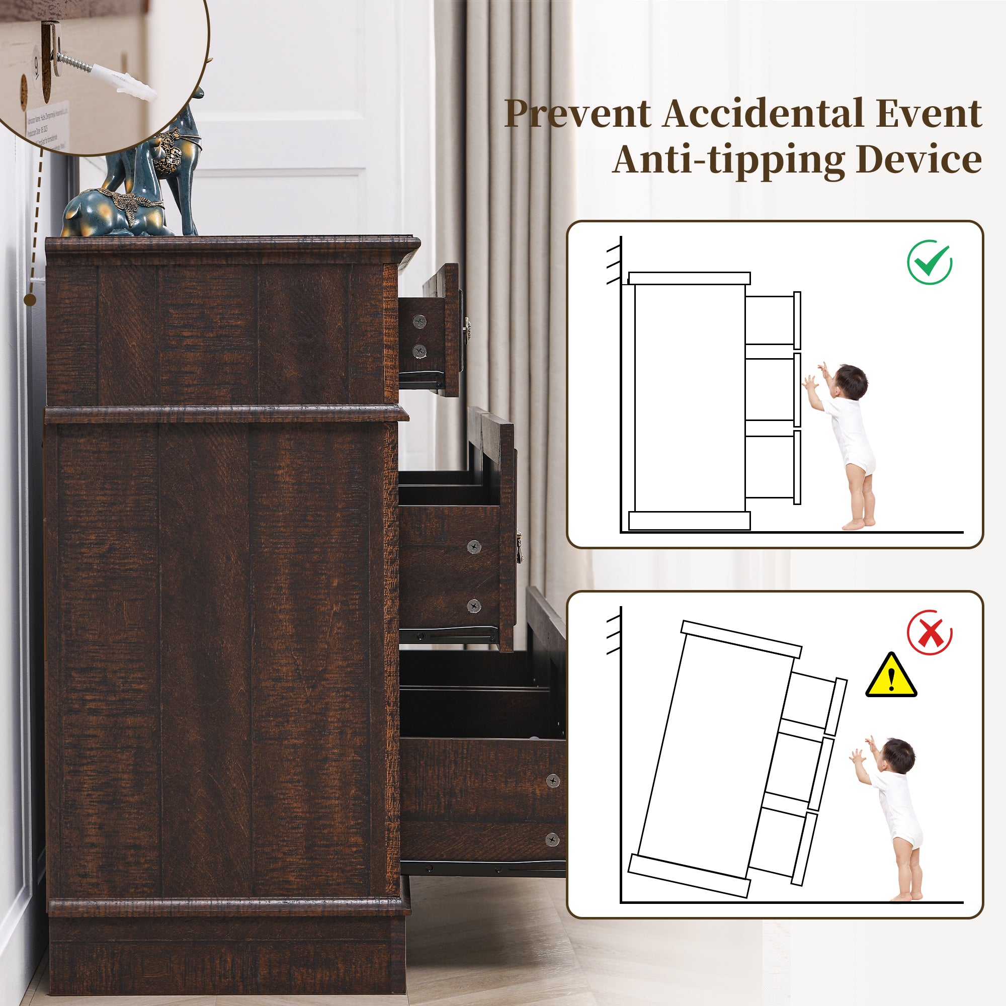 FIAKOA 7 Drawer Dresser for Bedroom, 55” W. Wood Farmhouse Tall Storage Chest of Drawers for Livingroom, Walnut Brown