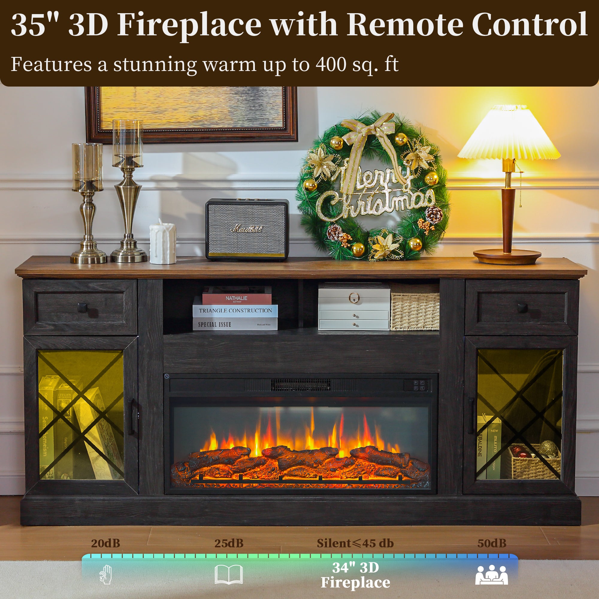 FIAKOA 70” Fireplace TV Stand for 80" TVs,Fireplace Entertainment Center with LED Lights,TV Console with 34" Electric Fireplace for Living Room,Black Brown