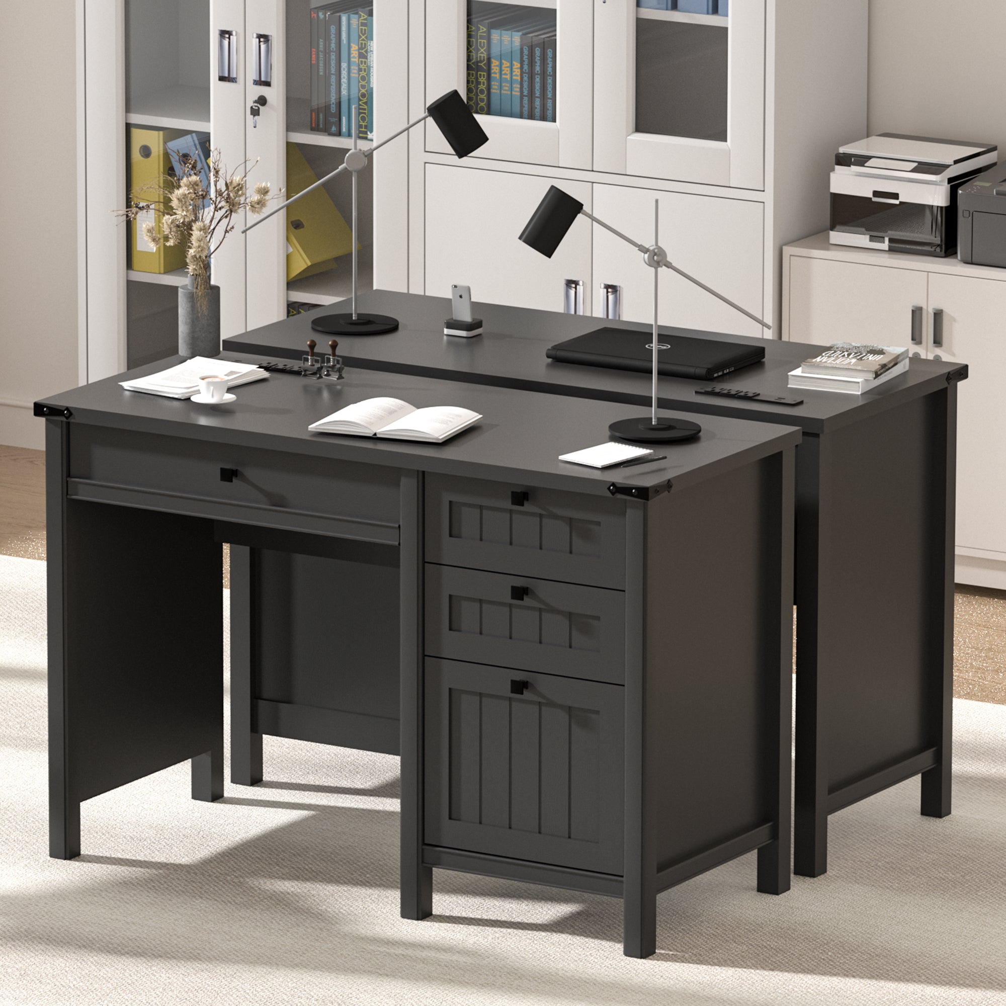 FIAKOA 45" Executive Desk, Modern Farmhouse Computer Desk with Drawers & Cabinet,Home Office Desk Writing Workspace for Work Study,Black
