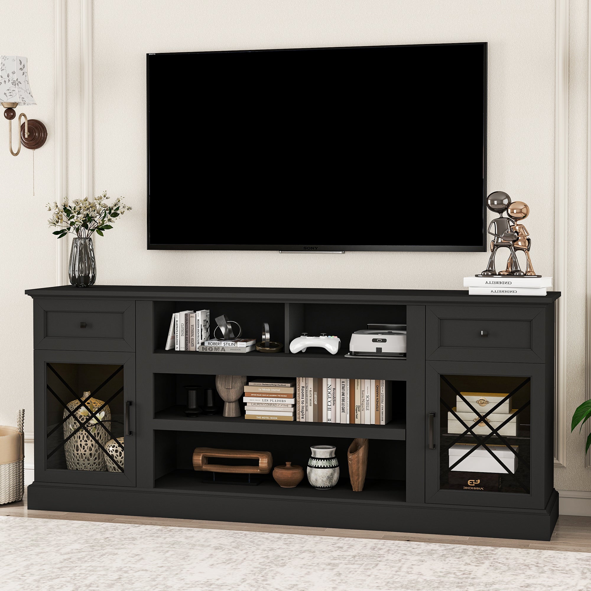 FIAKOA 70 inch Farmhouse TV Stand for 80 inch TV, Modern Entertainment Center with LED Lights, Wooden TV Stand Table with Glass Doors for Living Room (Black)