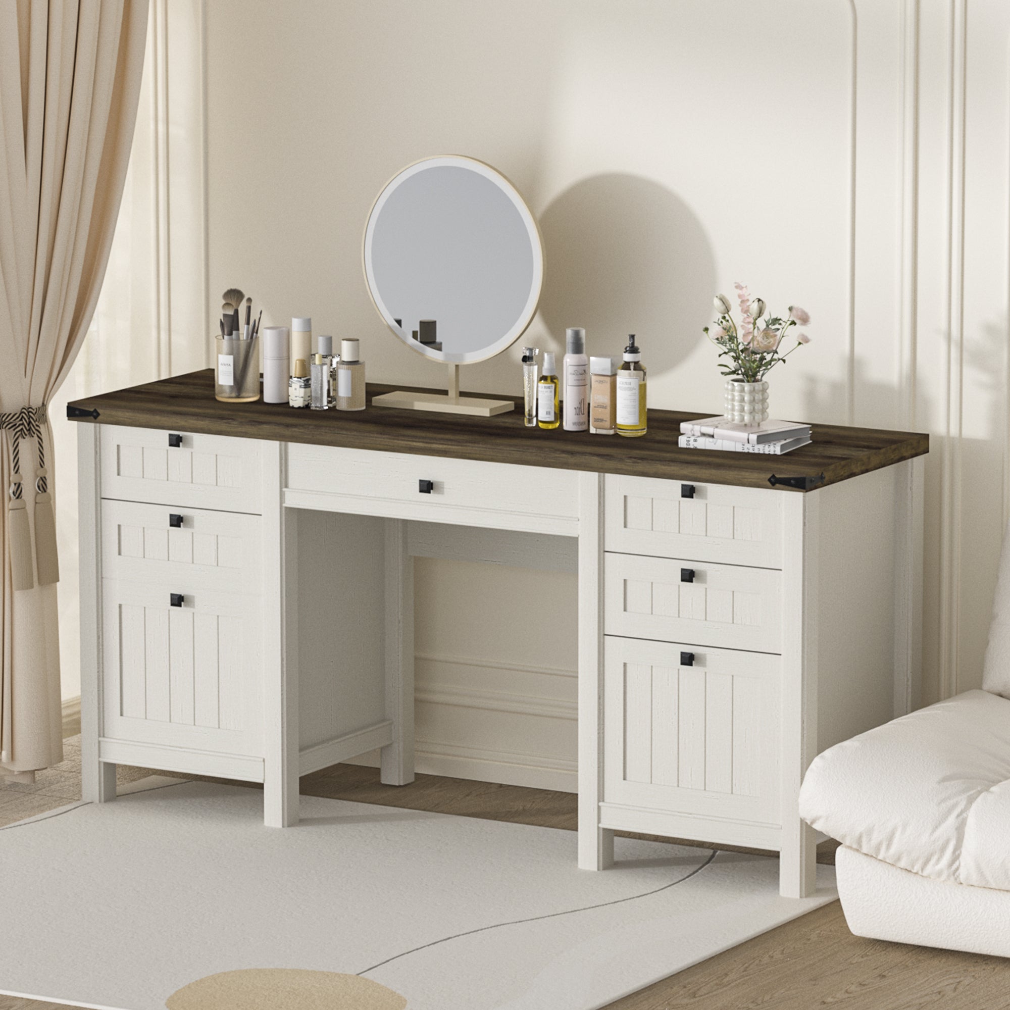 FIAKOA 45"Executive Desk, Modern Farmhouse Computer Desk with Drawers & Cabinet, White Home Office Desk Writing Workspace for Work Study