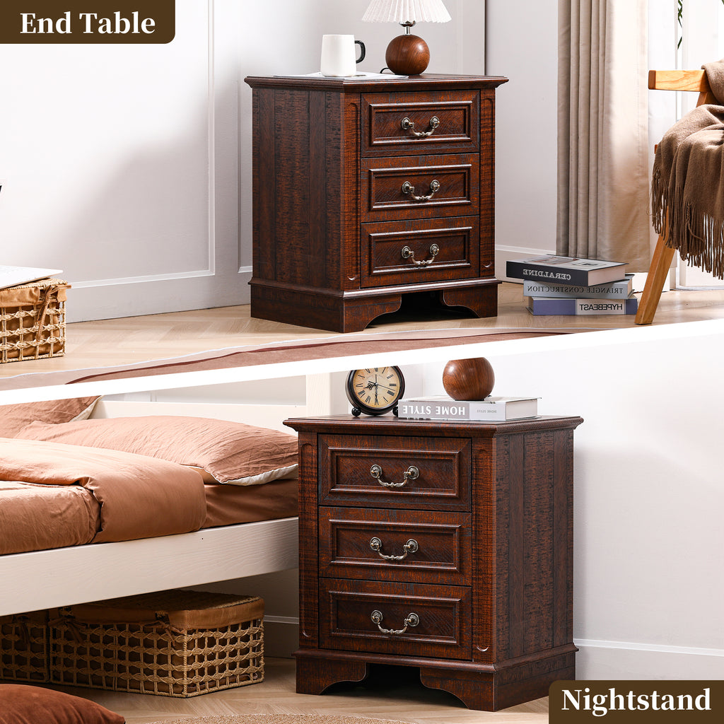 FIAKOA Farmhouse 3 Drawer Nightstand set of 2 for Bedroom, Rustic Bedside Table for Livingroom, Walnut Brown