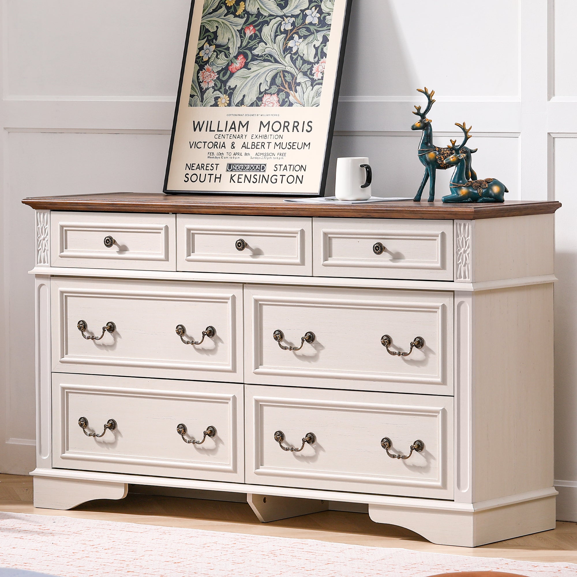 FIAKOA 7 Drawer Dresser for Bedroom, 55” W. Wood Farmhouse Tall Storage Chest of Drawers for Livingroom, White