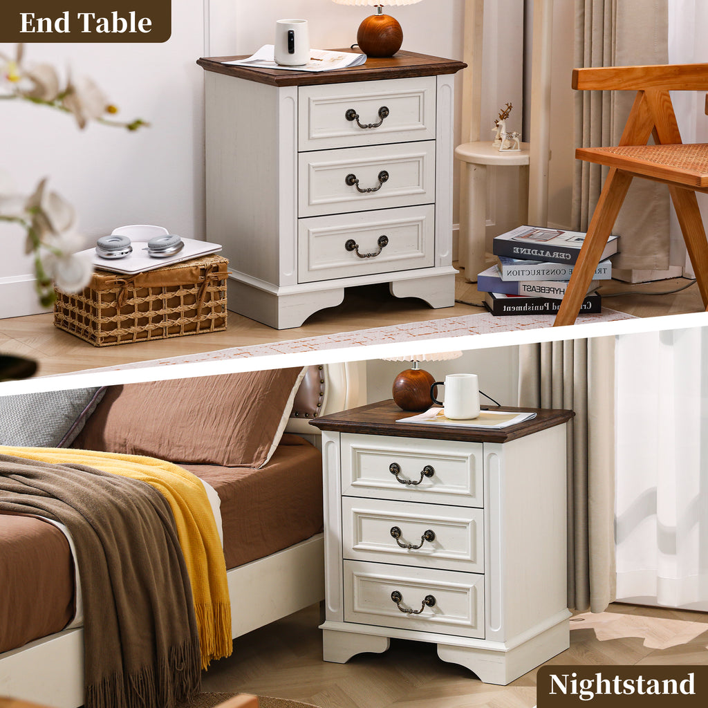 FIAKOA Farmhouse 3 Drawer Nightstand set of 2 for Bedroom, Rustic Bedside Table for Livingroom, White