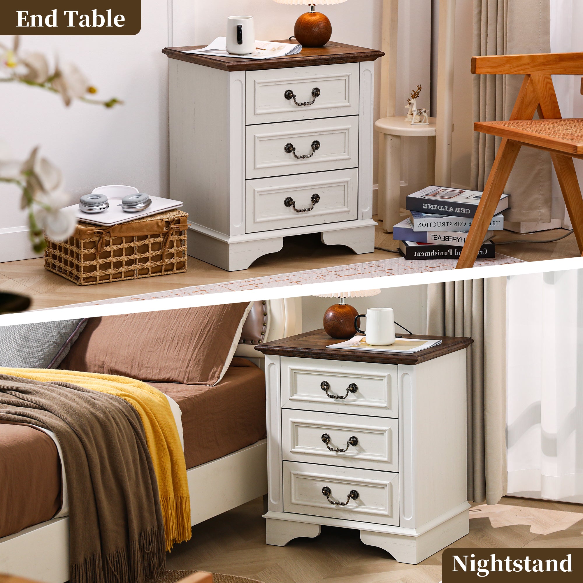 FIAKOA Farmhouse 3 Drawer Nightstand set of 2 for Bedroom, Rustic Bedside Table for Livingroom, White