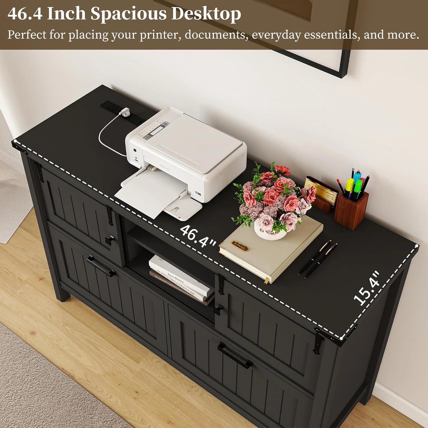 FIAKOA Farmhouse 2-Drawer Lateral File Cabinet, Filing Cabinet with Sliding Doors & Charge Station, Printer Stand Cabinets for Home Office, Black