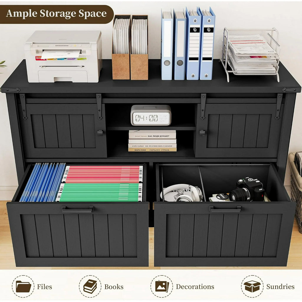 FIAKOA Farmhouse 2-Drawer Lateral File Cabinet, Filing Cabinet with Sliding Doors & Charge Station, Printer Stand Cabinets for Home Office, Black